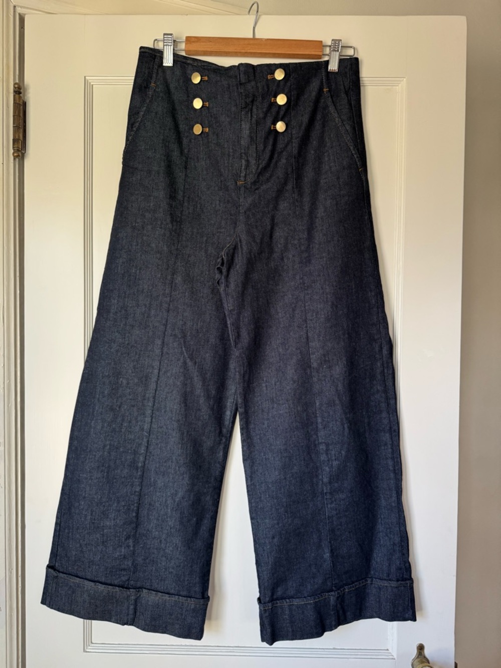 Zara Dark Indigo Wide-Leg Sailor Jeans with Gold Buttons